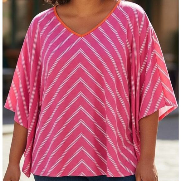Susan Graver Liquid Knit Top Plus Size 3X XXX Striped PInk White Short Sleeves - Picture 5 of 5